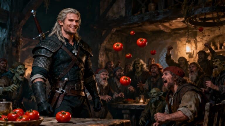 Scène de taverne médiévale avec homme et tomates.