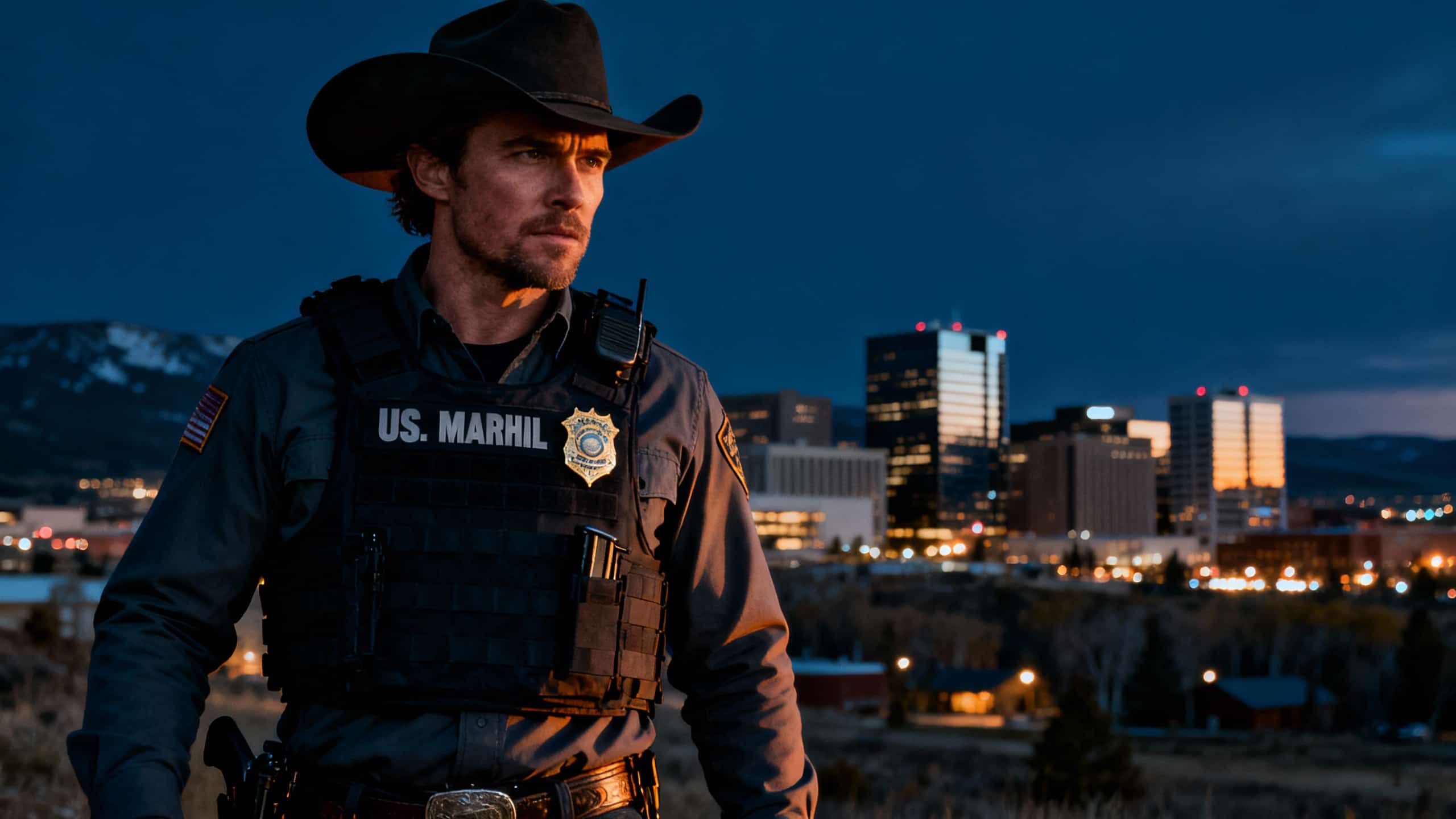 Homme en uniforme policier devant skyline au crépuscule.