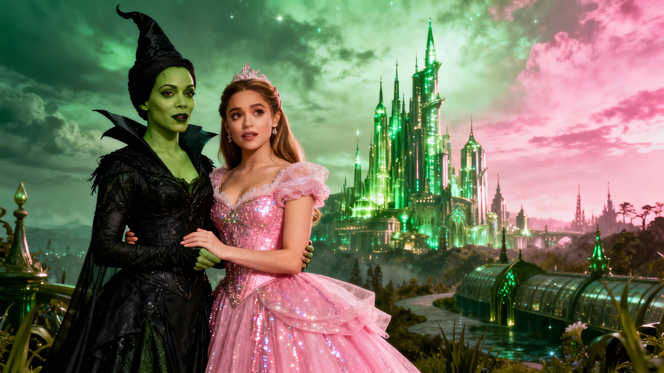 Deux femmes en robe devant château magique.