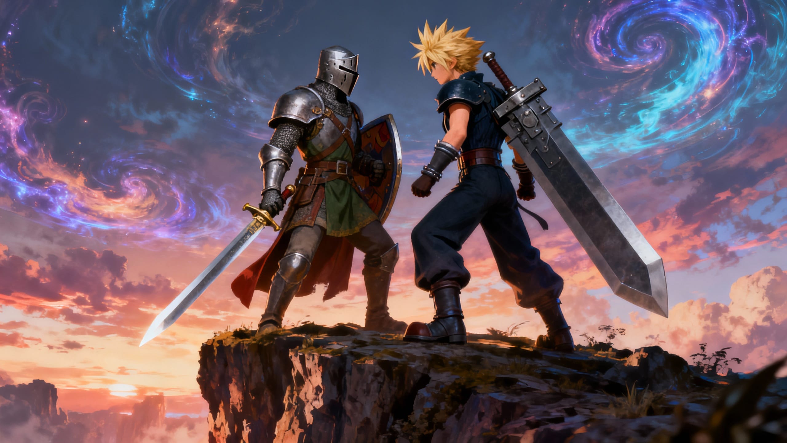 Deux combattants, épées dégainées, sur une falaise.