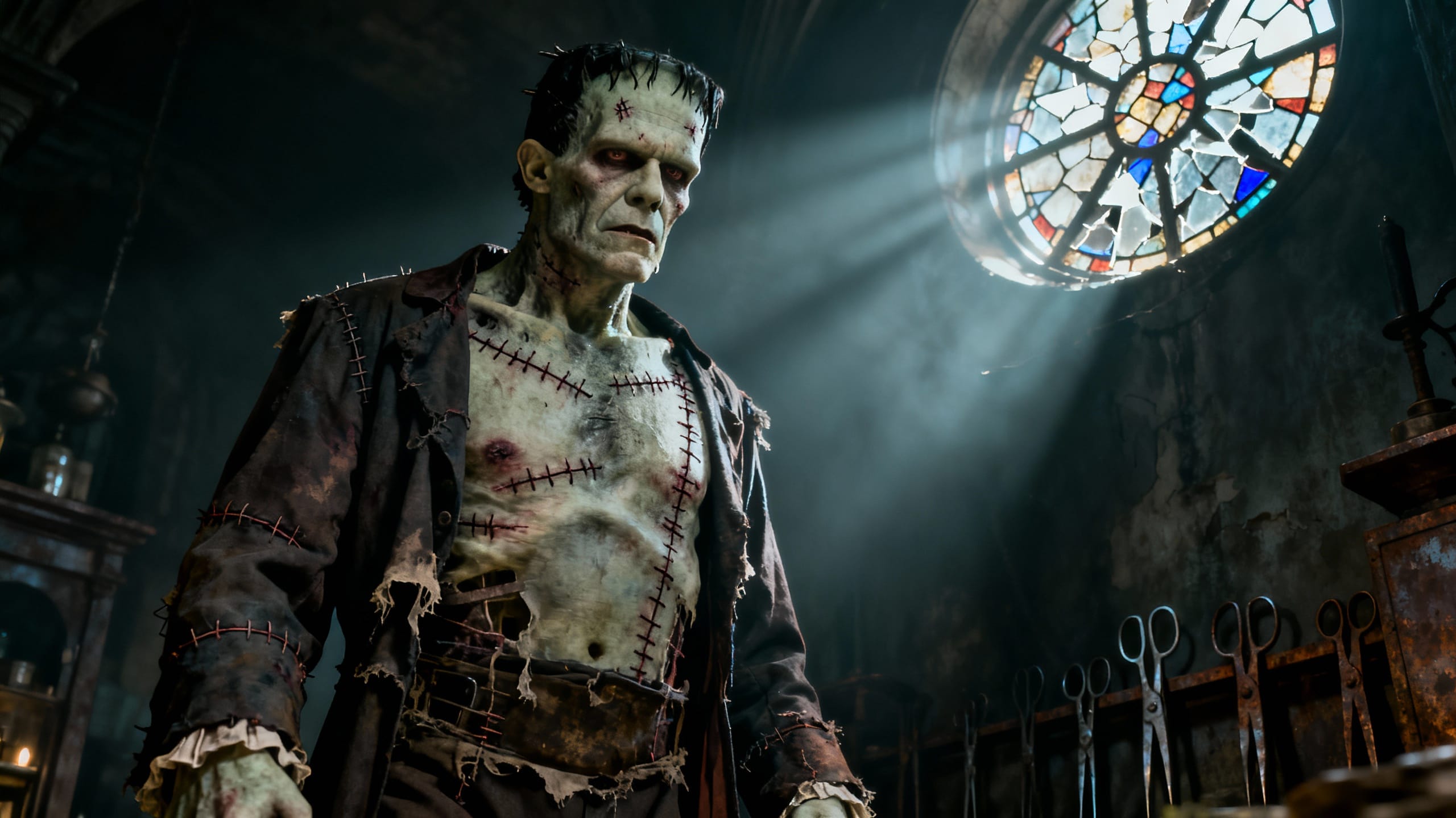 Créature de Frankenstein dans une église sombre.