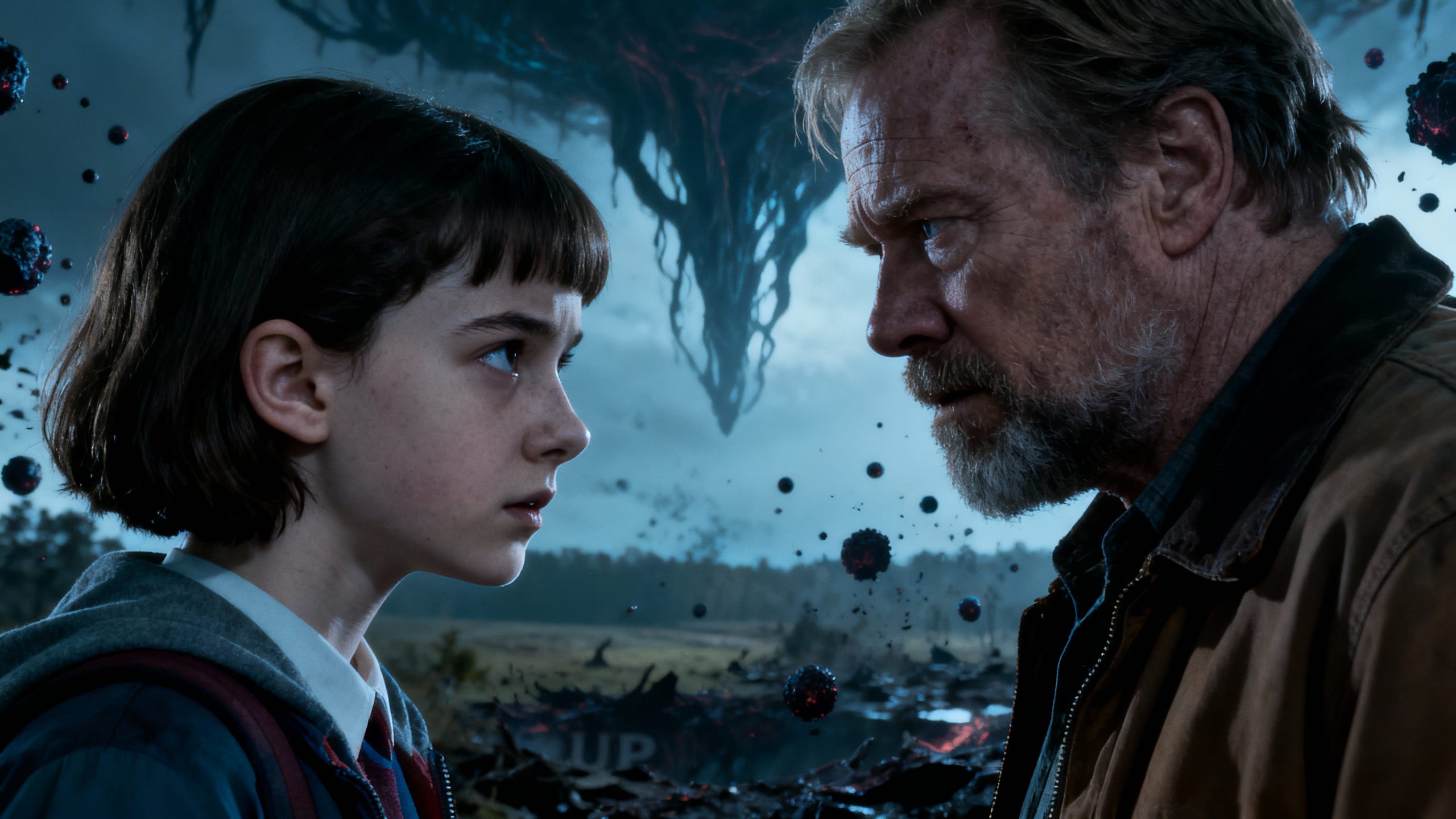 Deux personnages face à face avec fond apocalyptique.