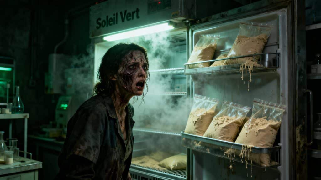 Personne terrifiée devant un réfrigérateur de poudre suspecte.