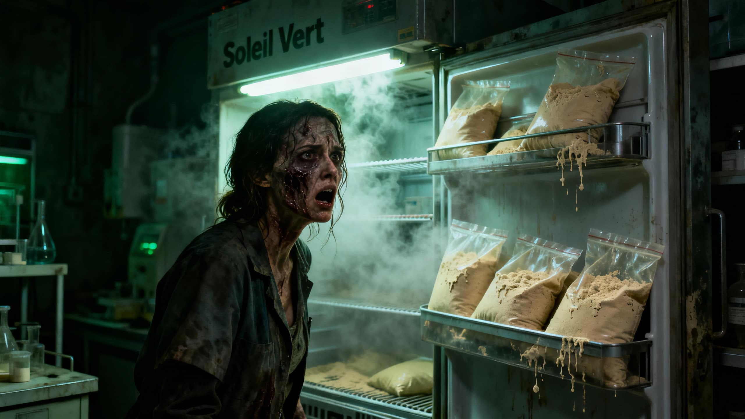 Personne terrifiée devant un réfrigérateur de poudre suspecte.