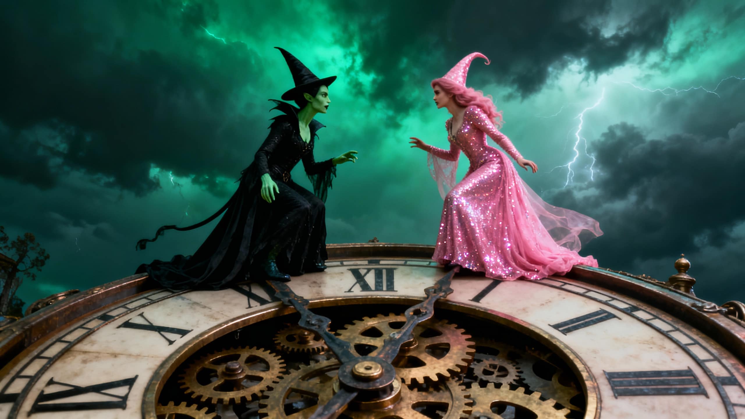 Deux sorcières sur une horloge géante, ciel orageux.