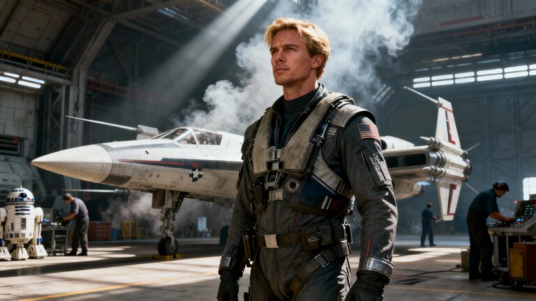 Pilote devant un vaisseau spatial dans un hangar.