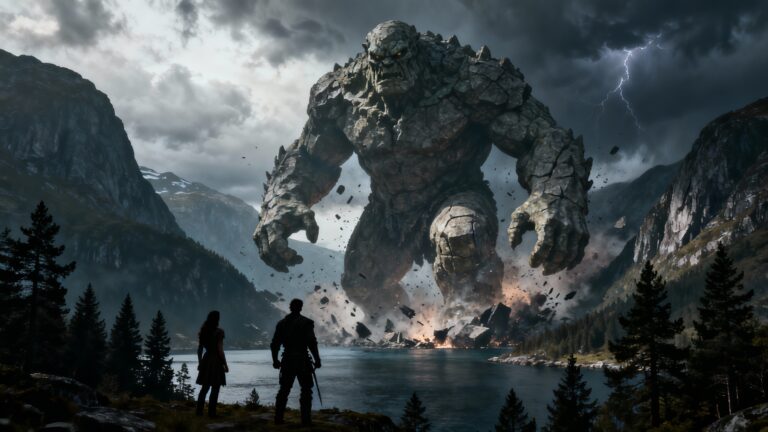 Géant de pierre au bord d'un lac, orage menaçant.