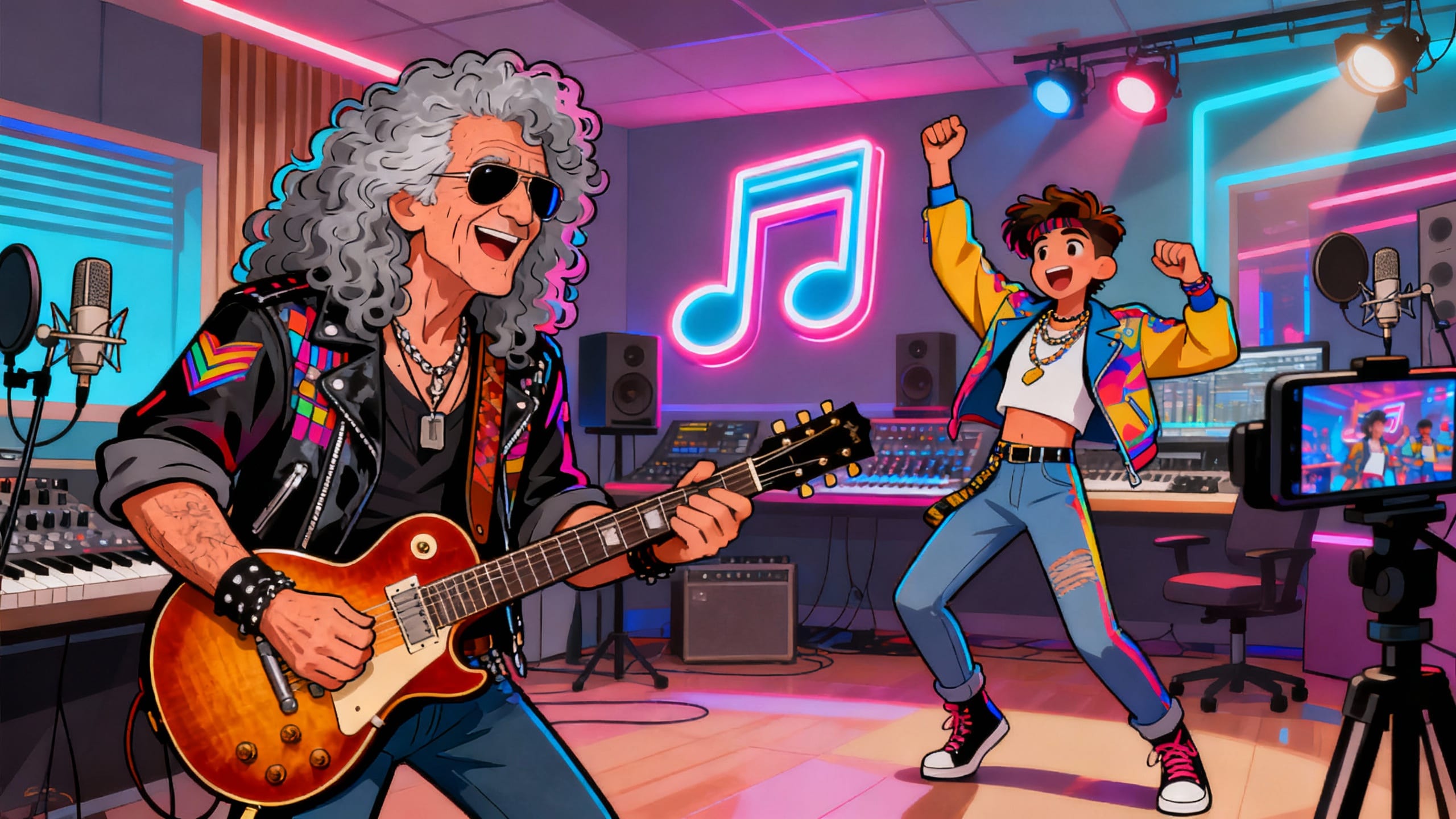 Musicien rock jouant de la guitare en studio coloré.