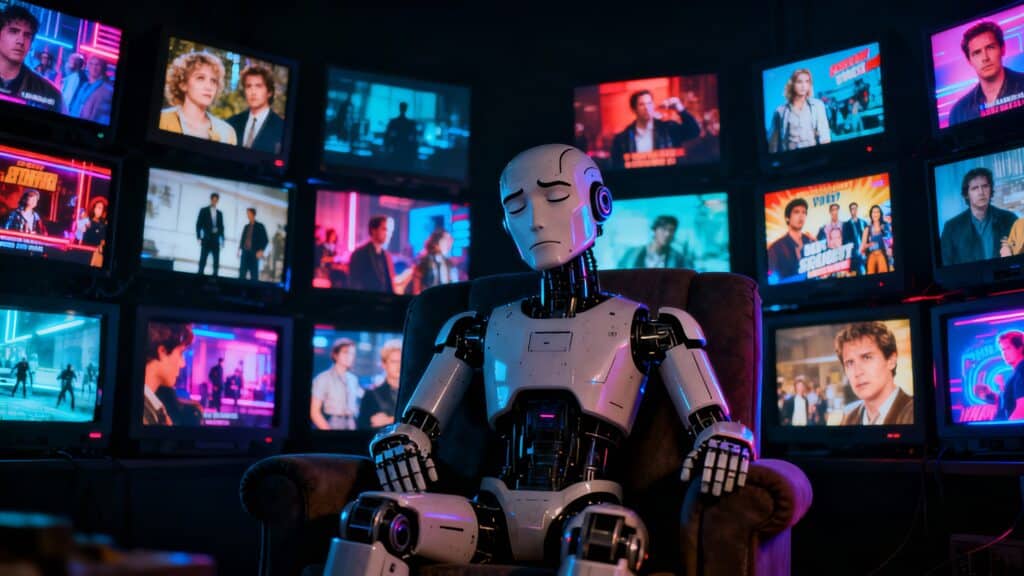 Robot assis devant écrans de télévision.