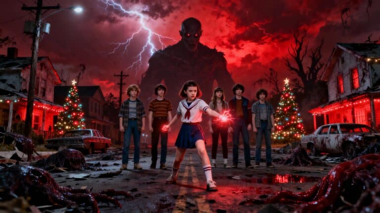 Enfants affrontant un monstre sous ciel orageux.