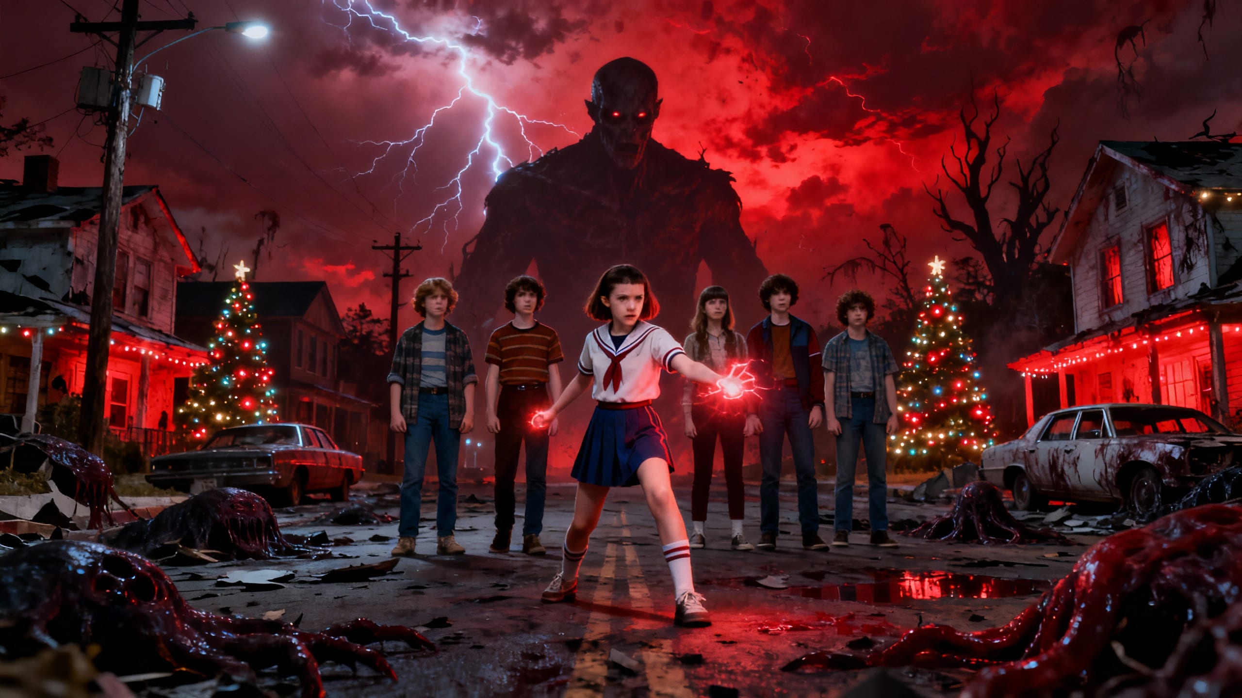 Enfants affrontant un monstre sous ciel orageux.