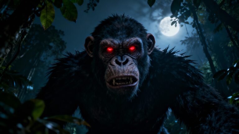 Gorille menaçant avec yeux rouges dans la nuit.