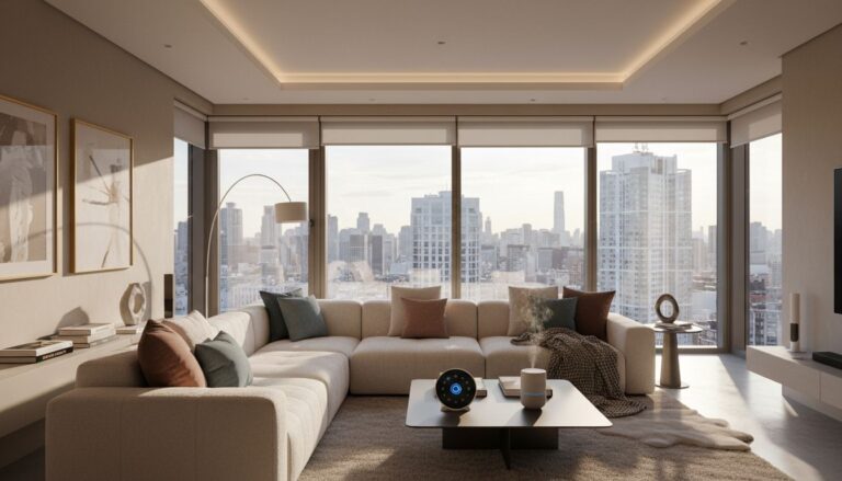 Salon moderne avec vue sur la ville.