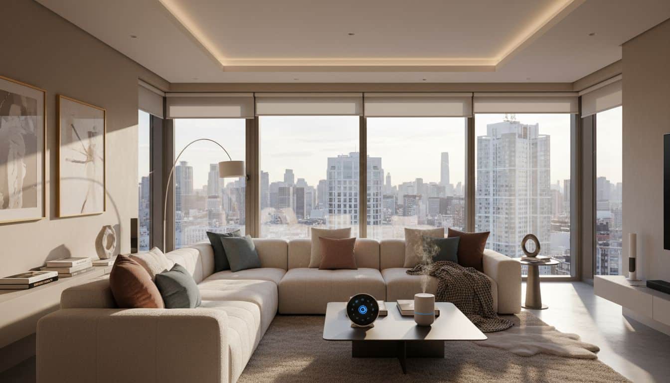 Salon moderne avec vue sur la ville.