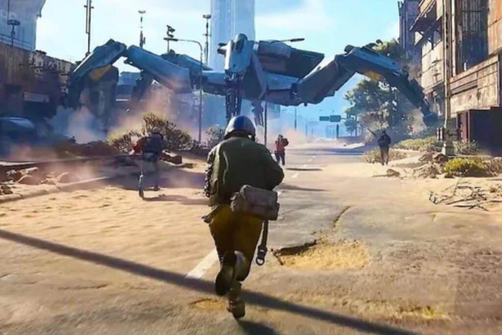 Personnes poursuivies par un robot géant dans une ville.