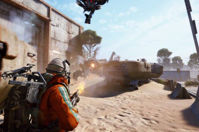 Personnage armé dans un décor désertique futuriste.