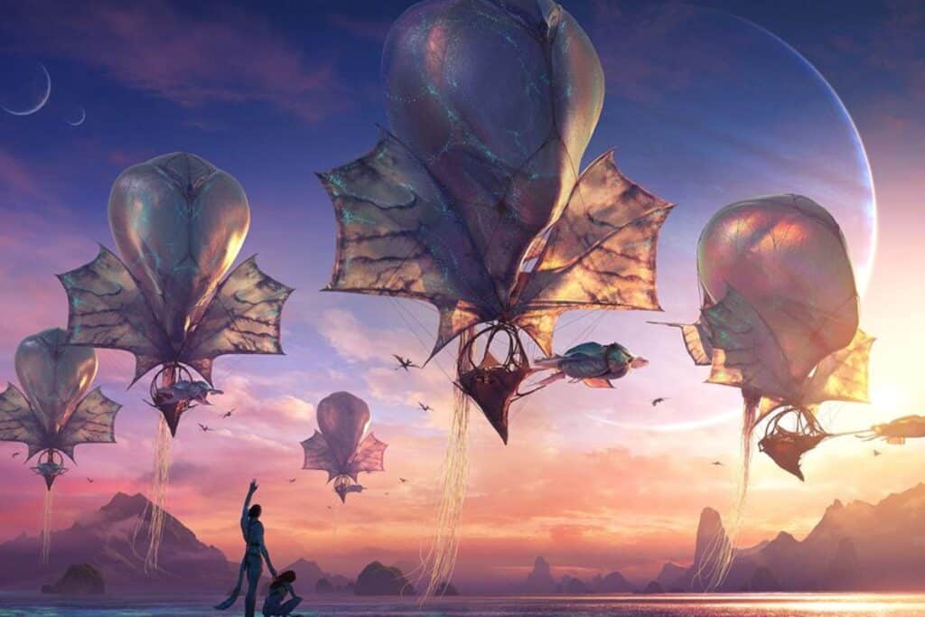 Vaisseaux volants fantaisistes au coucher du soleil.