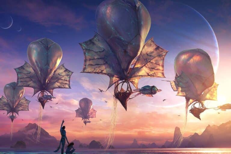 Vaisseaux volants fantaisistes au coucher du soleil.