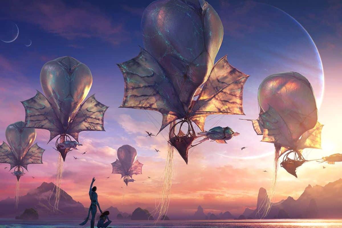 Vaisseaux volants fantaisistes au coucher du soleil.