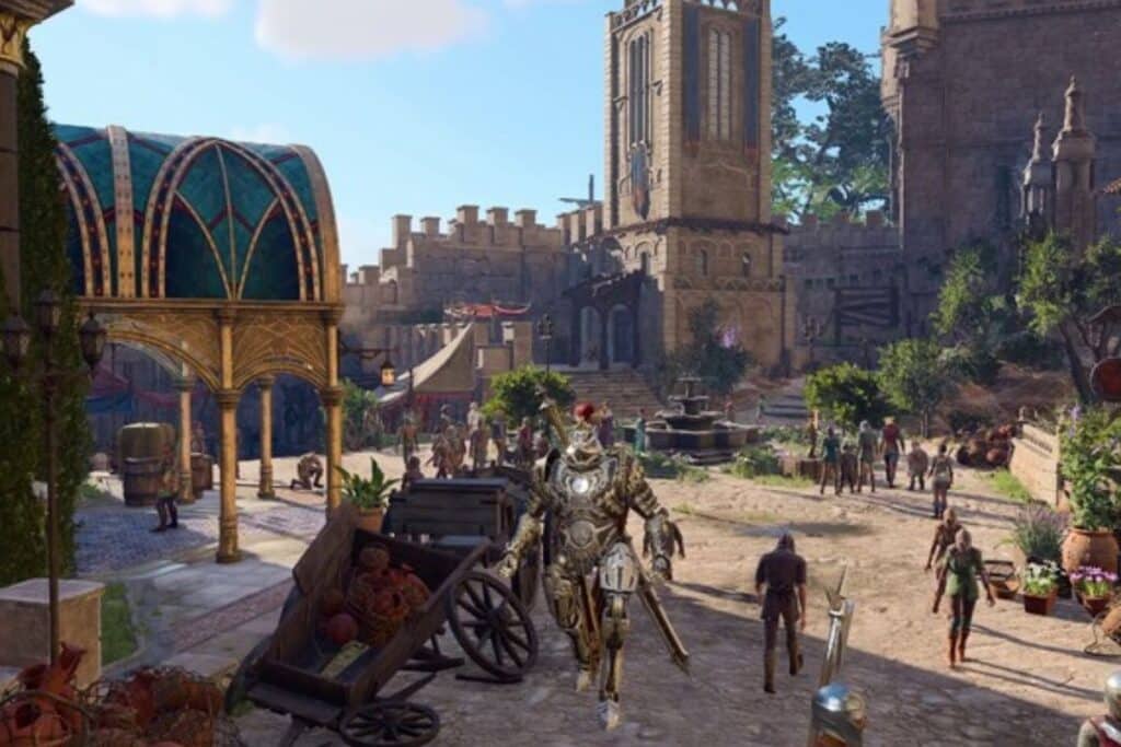 Marché médiéval animé avec architecture historique.