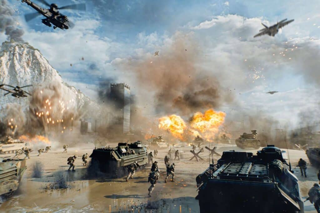 Scène de bataille avec explosions et véhicules militaires.