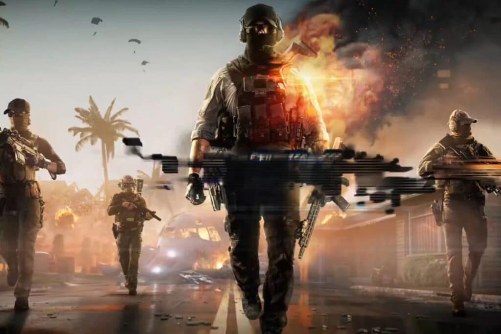 Soldats marchant devant des explosions et des palmiers.