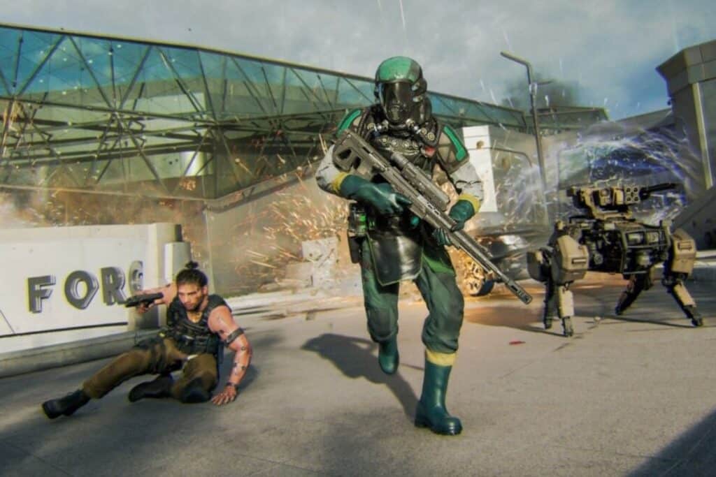 Soldats futuristes en action avec armes et explosion.