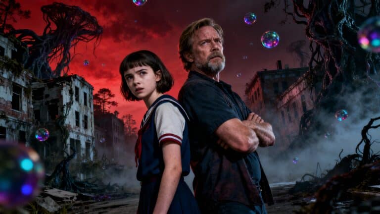 Deux personnes devant un paysage rouge apocalyptique.