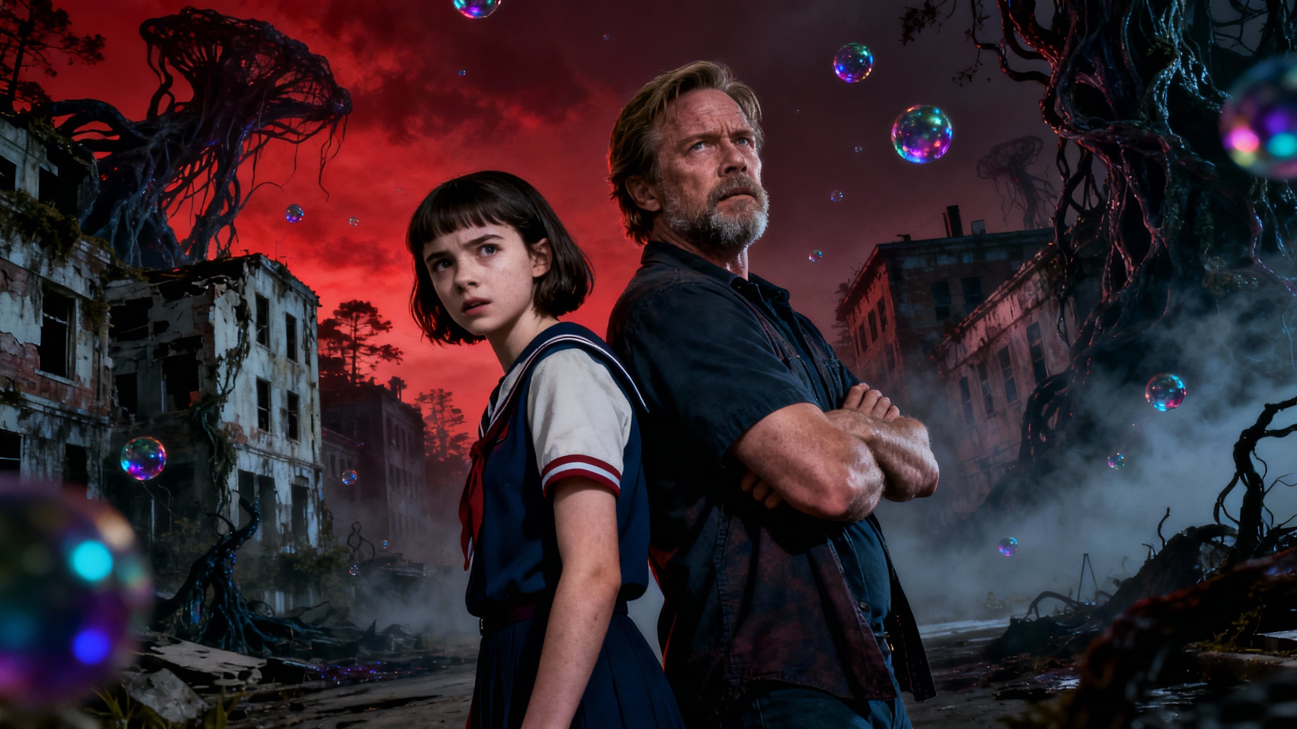 Deux personnes devant un paysage rouge apocalyptique.