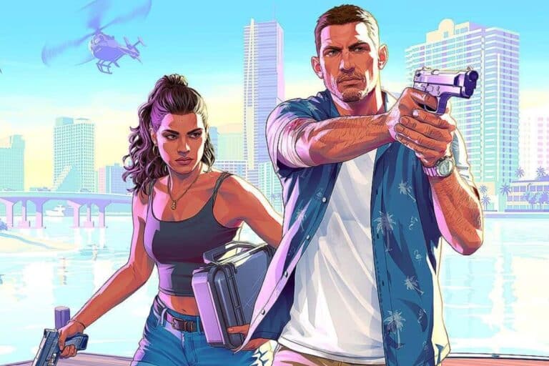 Deux personnages armés, ville en arrière-plan.