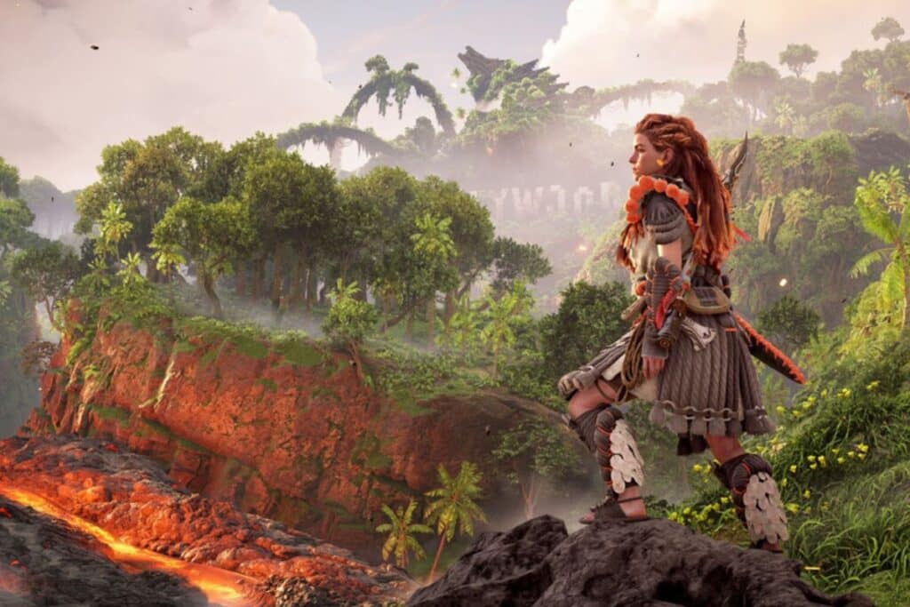 Guerrière regardant paysage volcanique luxuriant