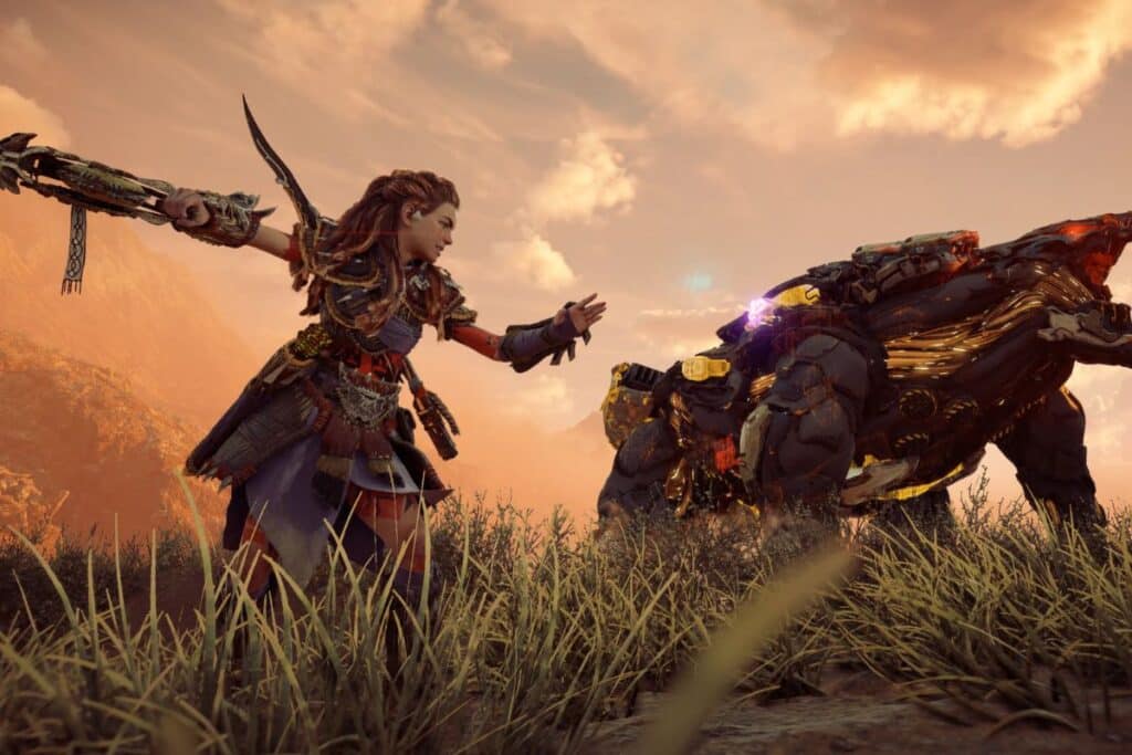 Guerrière et machine dans un paysage montagneux orange.