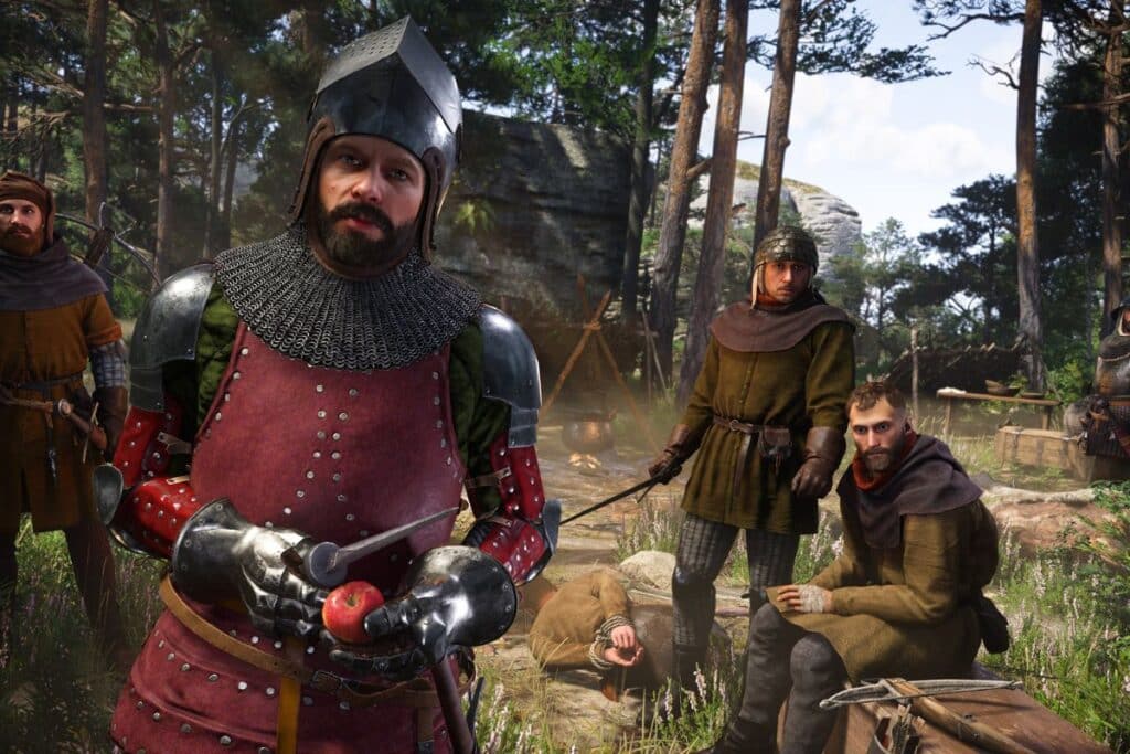 Chevaliers médiévaux dans une forêt avec des armes.