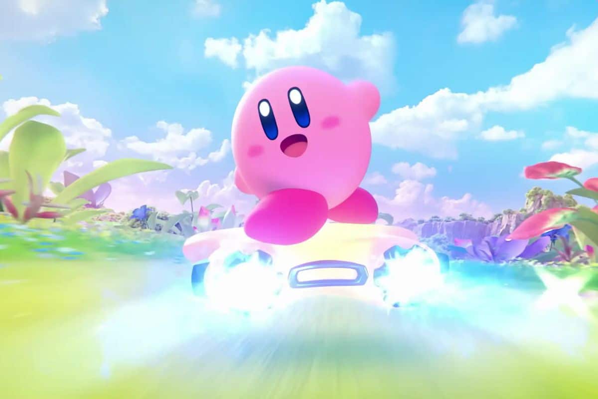 Personnage rose heureux sur fond coloré, karting.