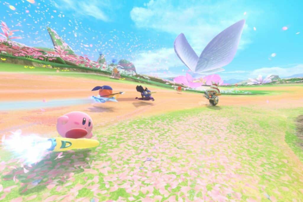 Personnages jouant dans un paysage coloré et floral.