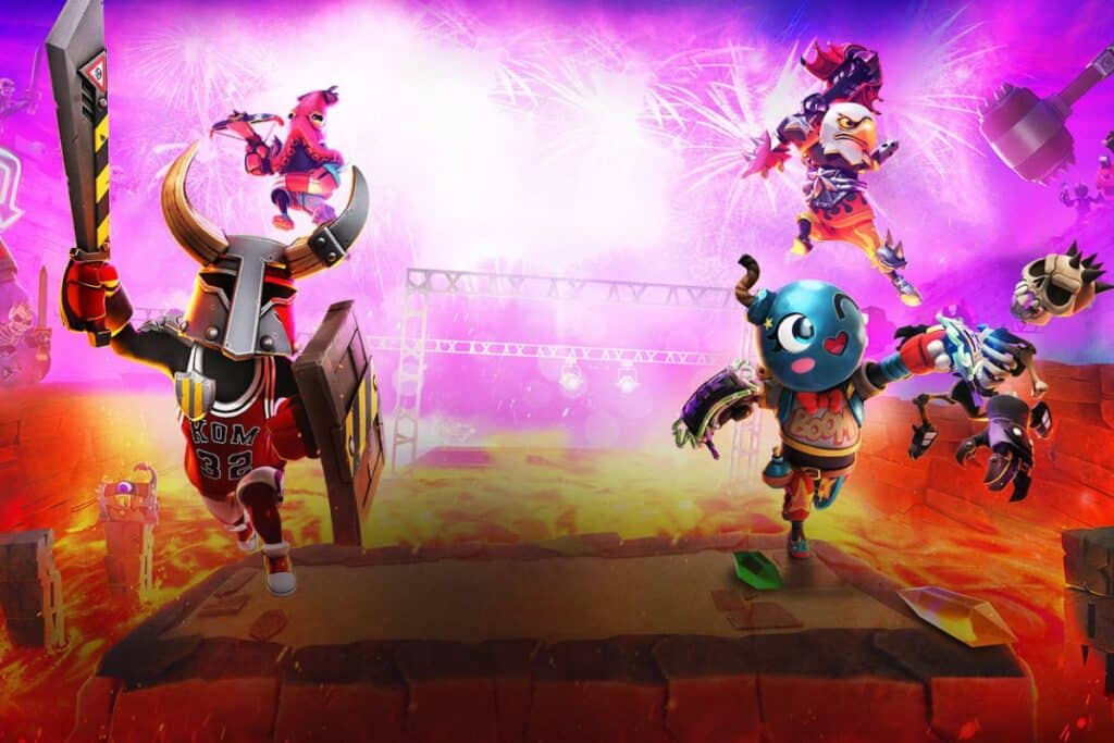 Personnages colorés en combat sur fond de feu.