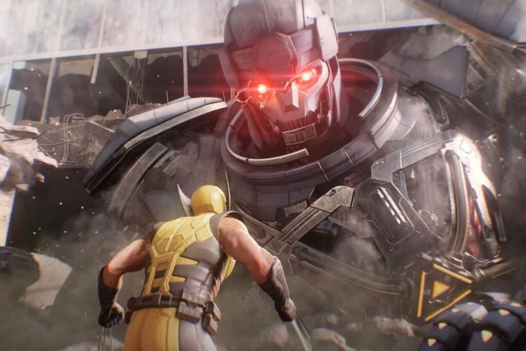 Héros en face d'un robot géant menaçant.