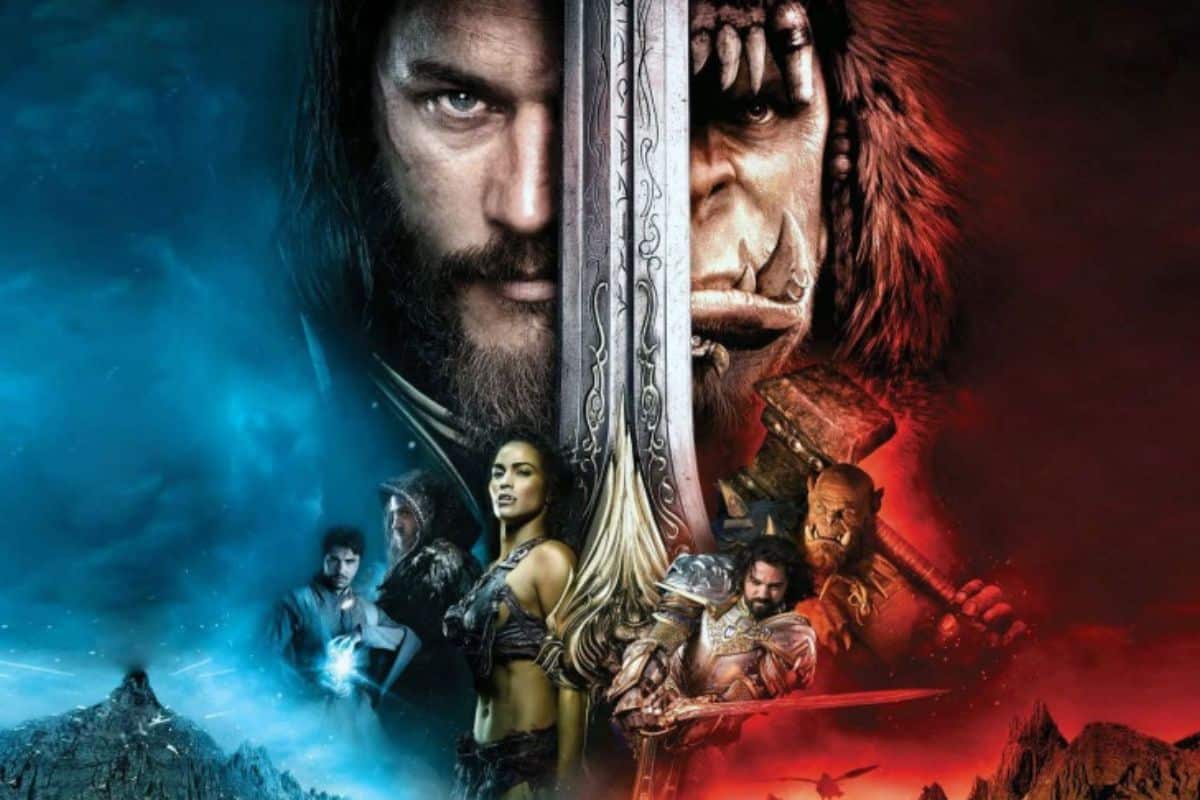 Affiche de film fantastique avec humains et orcs.