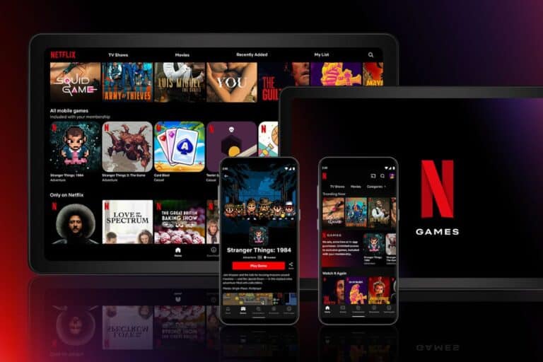Interface Netflix avec jeux mobiles et séries.