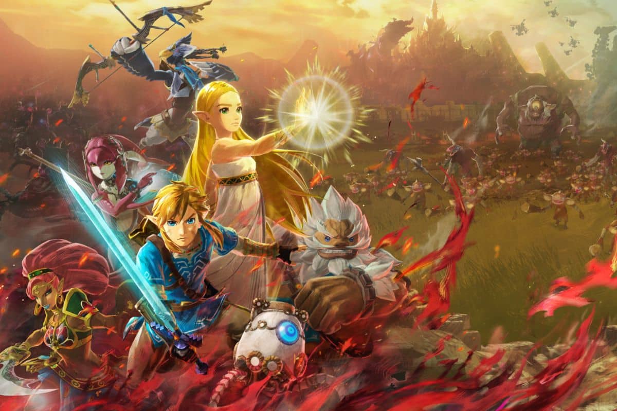 Personnages fantastiques en bataille épique au coucher du soleil.