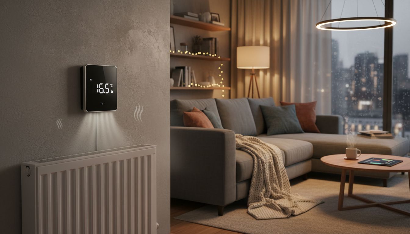 Salon moderne avec thermostat et chauffage.