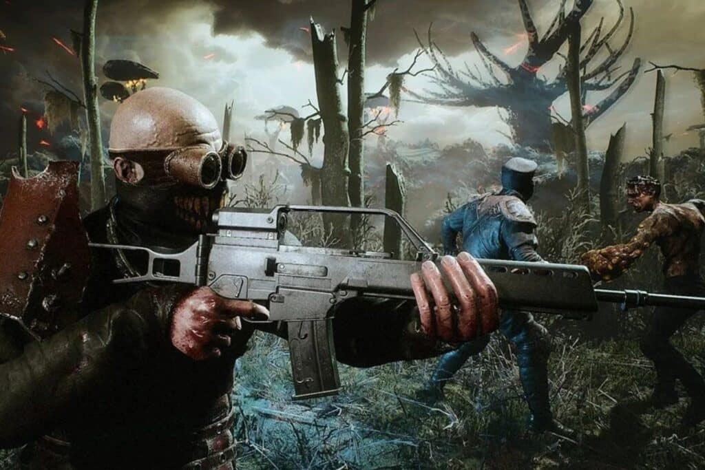 Scène de combat post-apocalyptique avec armes et créatures.