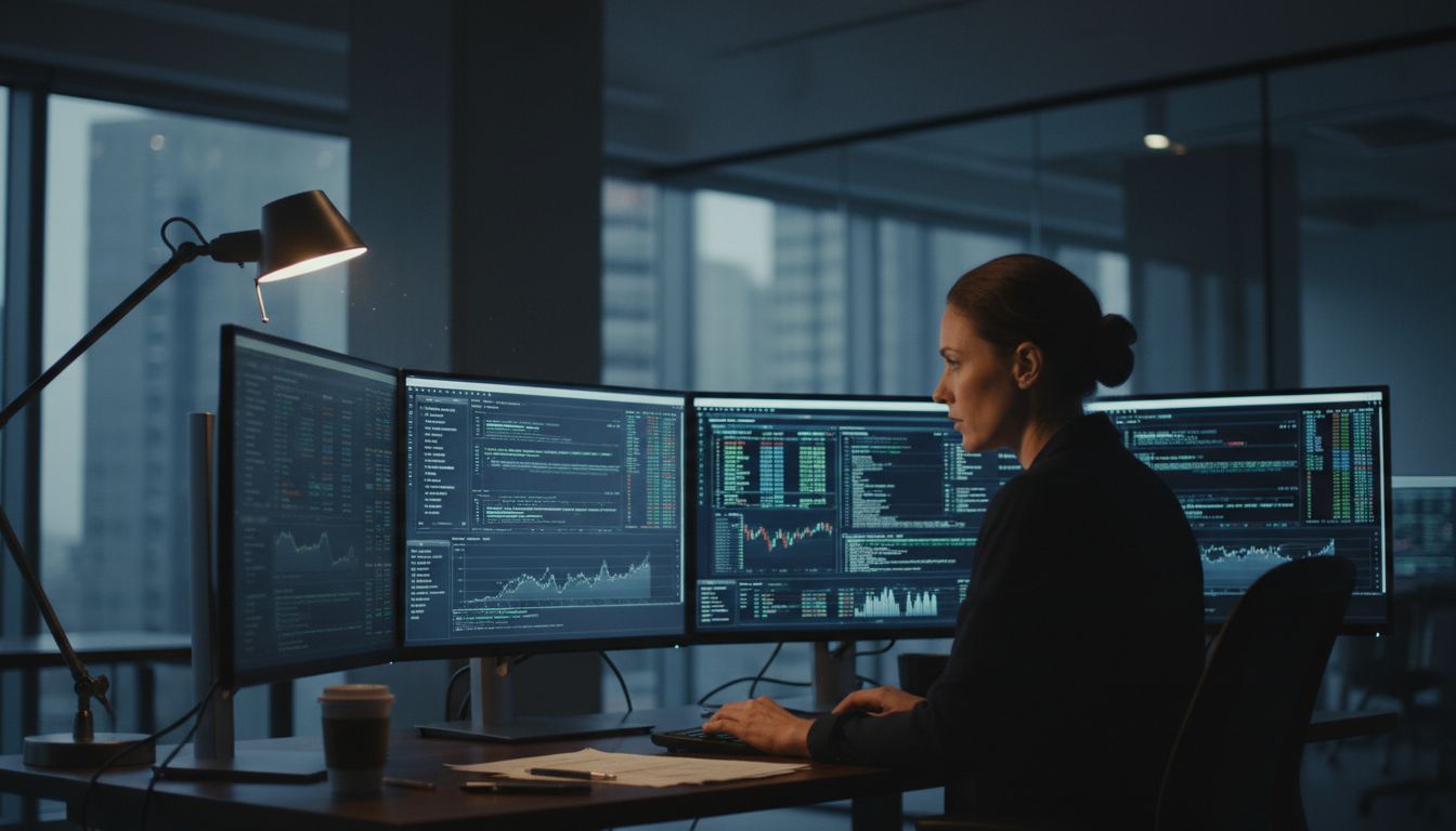 Analyste devant trois écrans de données financières.