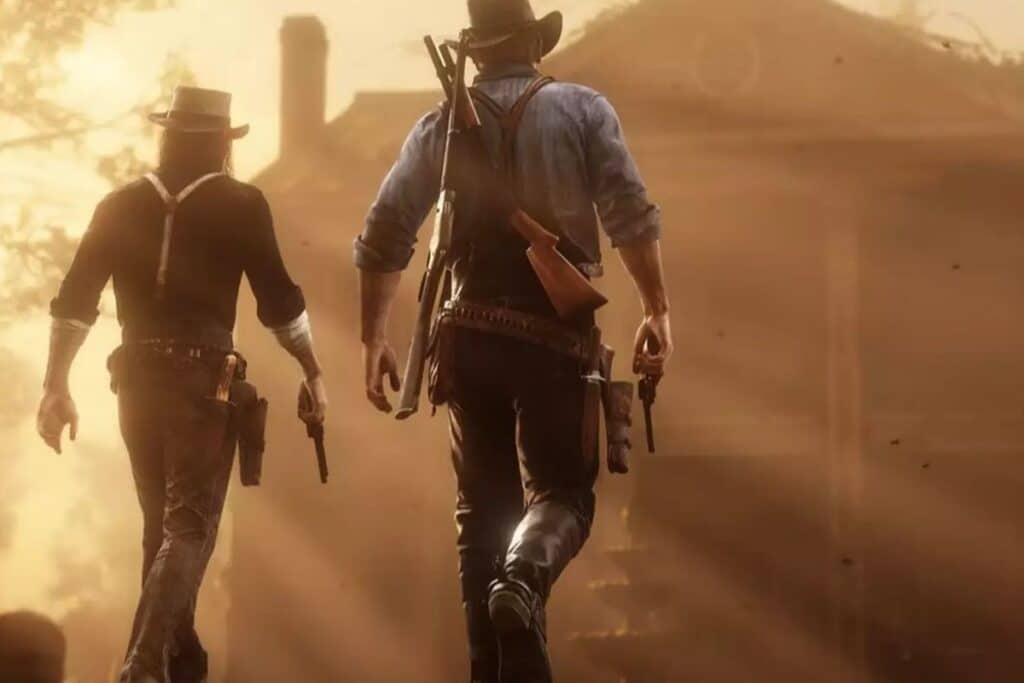 Deux cowboys marchent vers une maison.