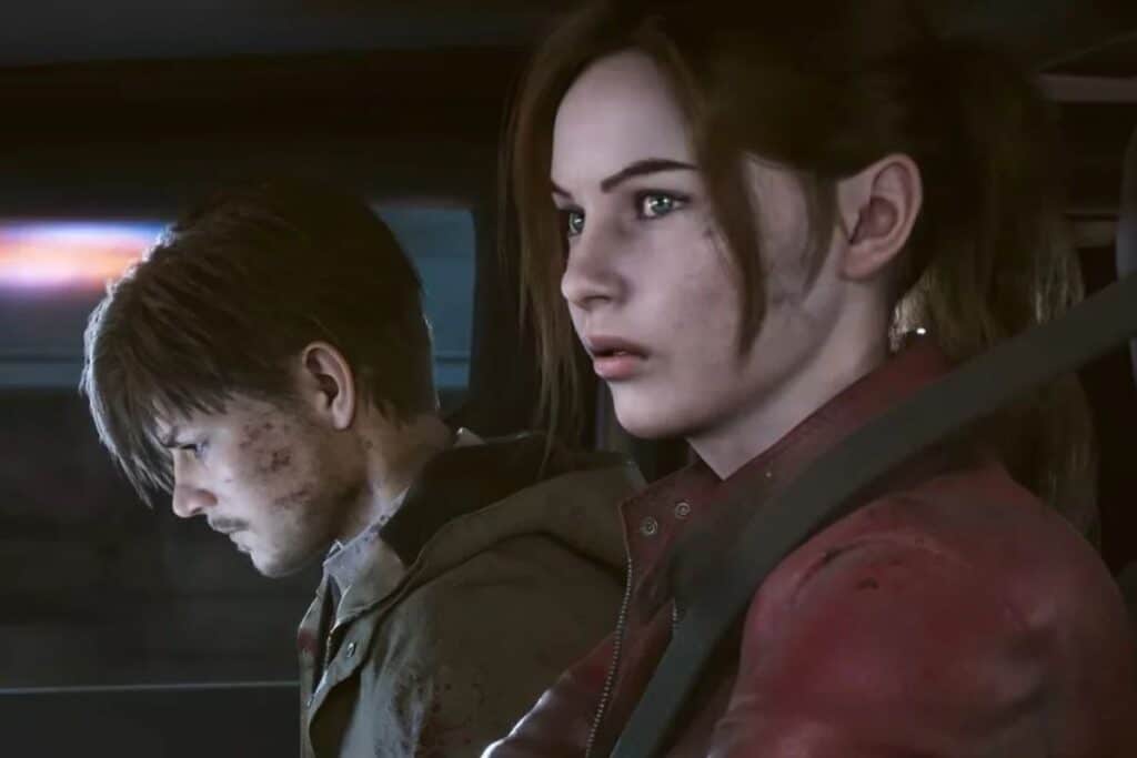 Deux personnages concentrés dans une voiture, visage sérieux.