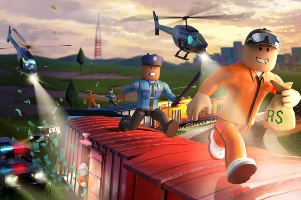 Poursuite policière avec hélicoptères et train en mouvement.