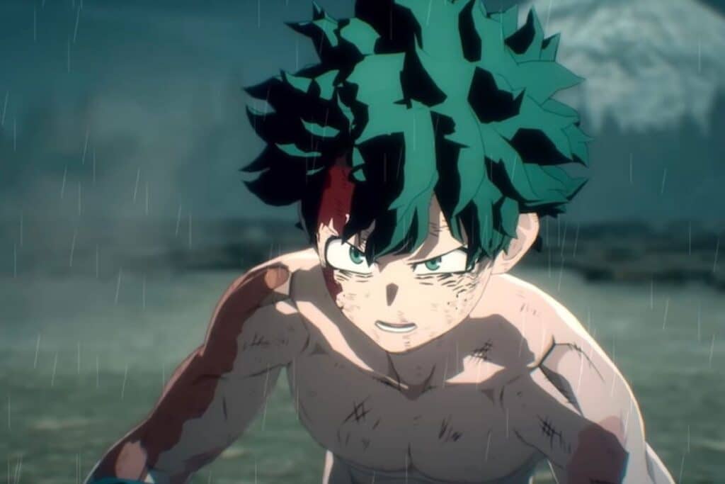 Jeune héros animé sous la pluie, déterminé et blessé.