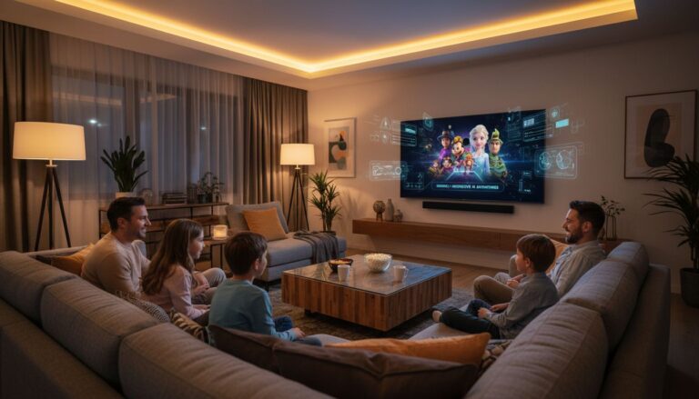 Famille regardant film d'animation dans salon moderne.