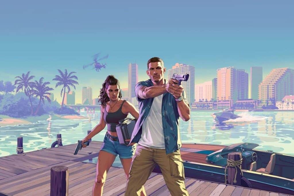 Personnages armés sur quai, ville en arrière-plan.