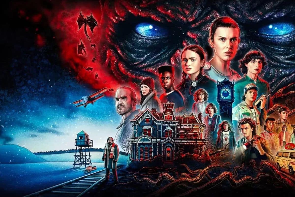 Affiche colorée de série fantastique avec personnages.